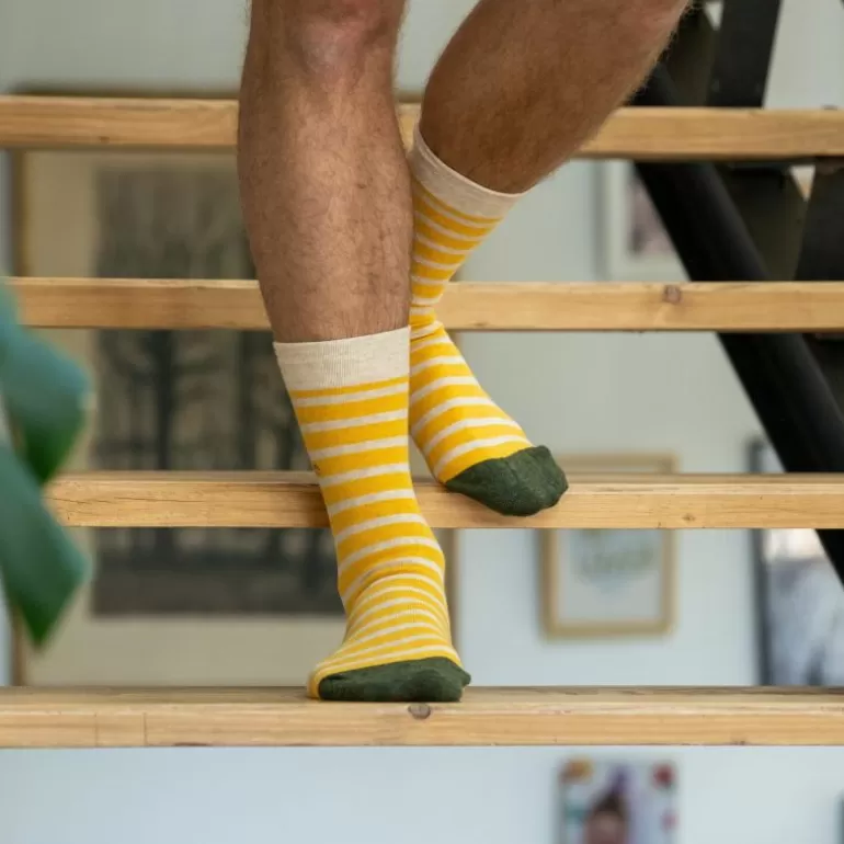 Store Chaussettes En Coton Peigne A Rayures Larges - Jaune Safran Homme