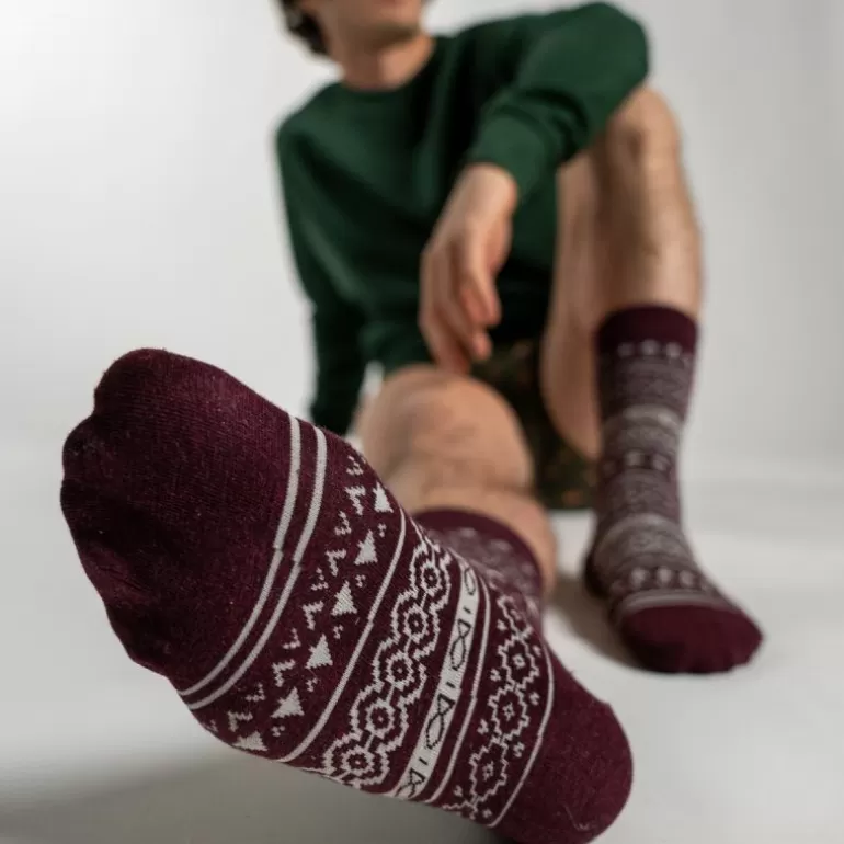 Clearance Chaussettes En Coton Peigne Jacquard - Bordeaux Homme