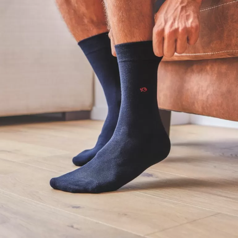 Sale Chaussettes En Coton Peigne Unies - Bleu Marine Homme