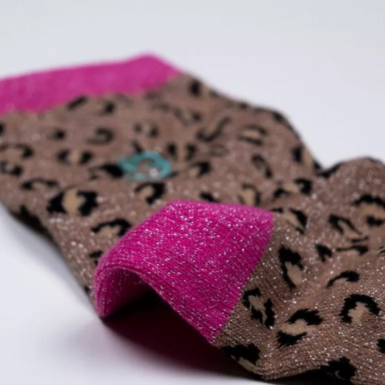 Cheap Chaussettes Pailletees En Coton Peigne Leopard - Camel Et Rose Femme