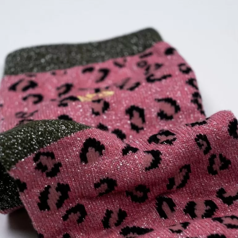 Outlet Chaussettes Pailletees En Coton Peigne Leopard - Rose Et Kaki Femme