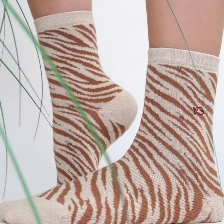 Hot Chaussettes Pailletees En Coton Peigne Zebre - Beige Femme