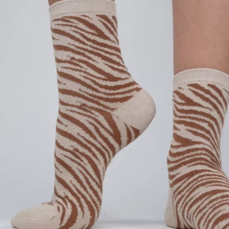 Hot Chaussettes Pailletees En Coton Peigne Zebre - Beige Femme