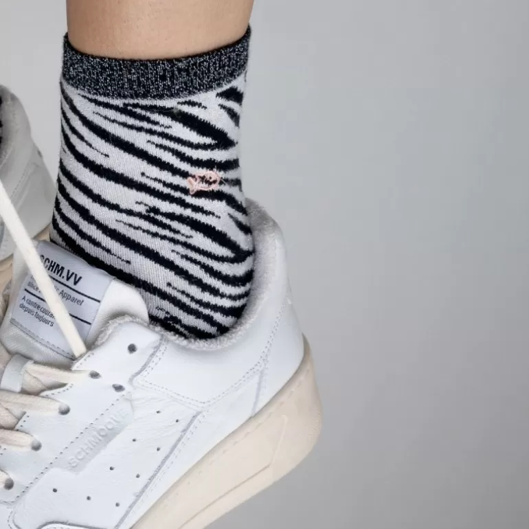 Discount Chaussettes Pailletees En Coton Peigne Zebre - Noir Et Blanc Femme