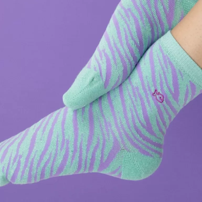 Store Chaussettes Pailletees En Coton Peigne Zebre - Vert Et Violet Femme