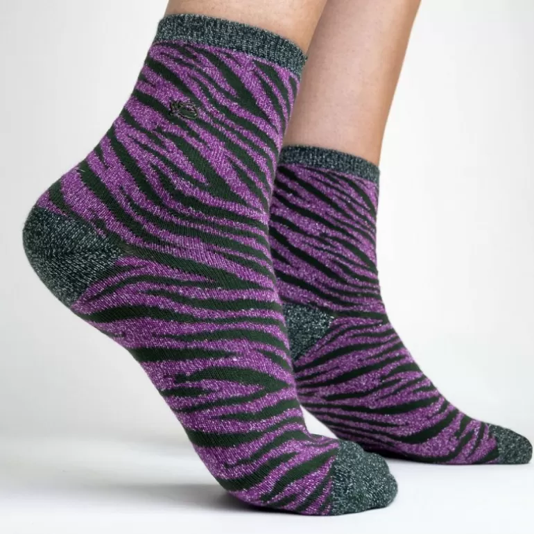 Discount Chaussettes Pailletees En Coton Peigne Zebre - Violet Et Vert Femme