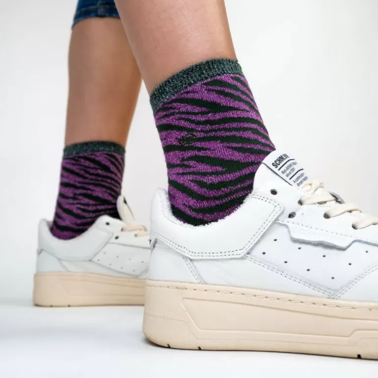 Discount Chaussettes Pailletees En Coton Peigne Zebre - Violet Et Vert Femme